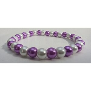 Lt Purple White Faux Pearl Bracelet Beaded Stretch Handmade Classic Jewelry Gift